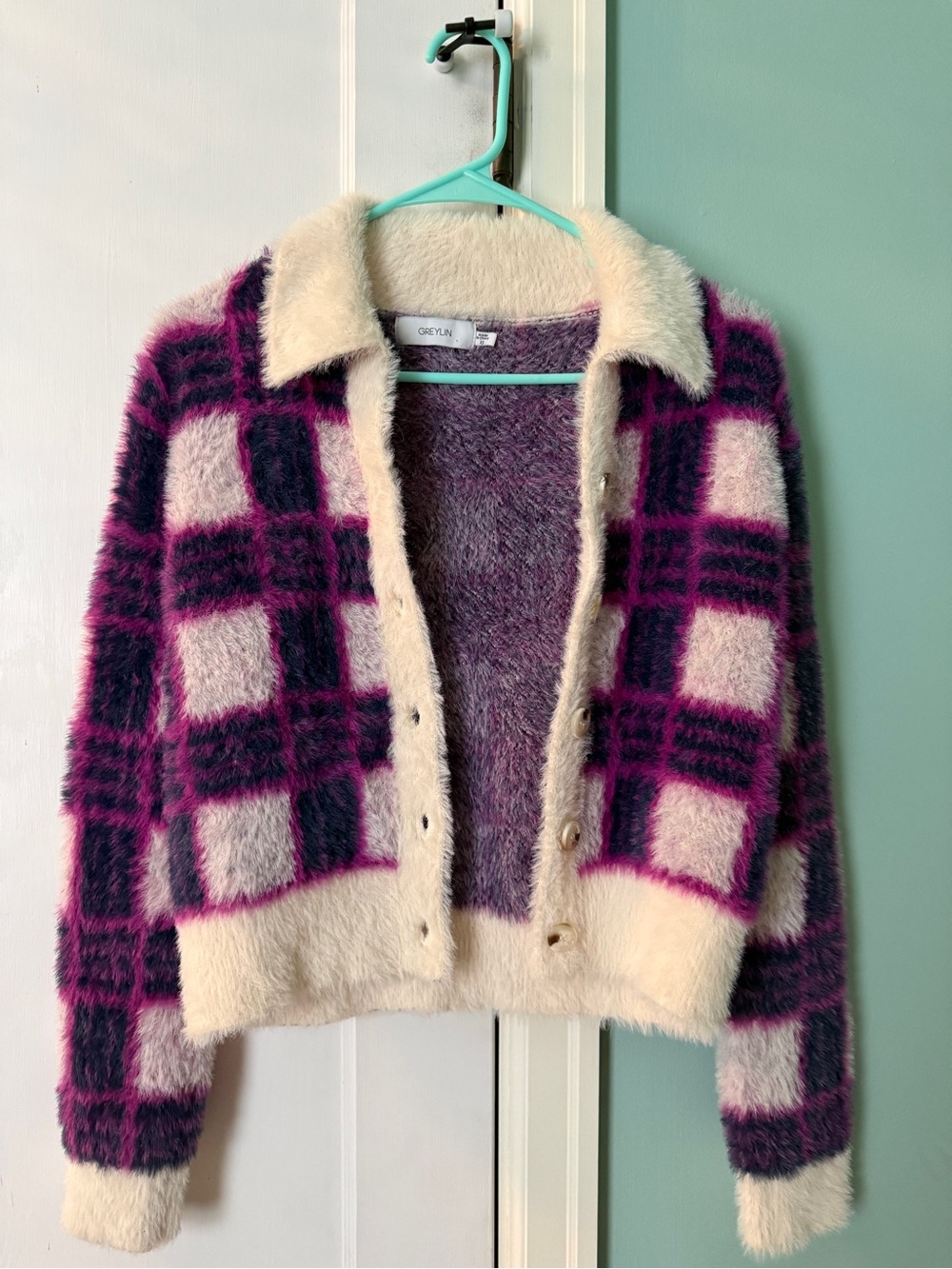 Greylin Cream & Purple Plaid Fuzzy Cardigan from Anthropologie
